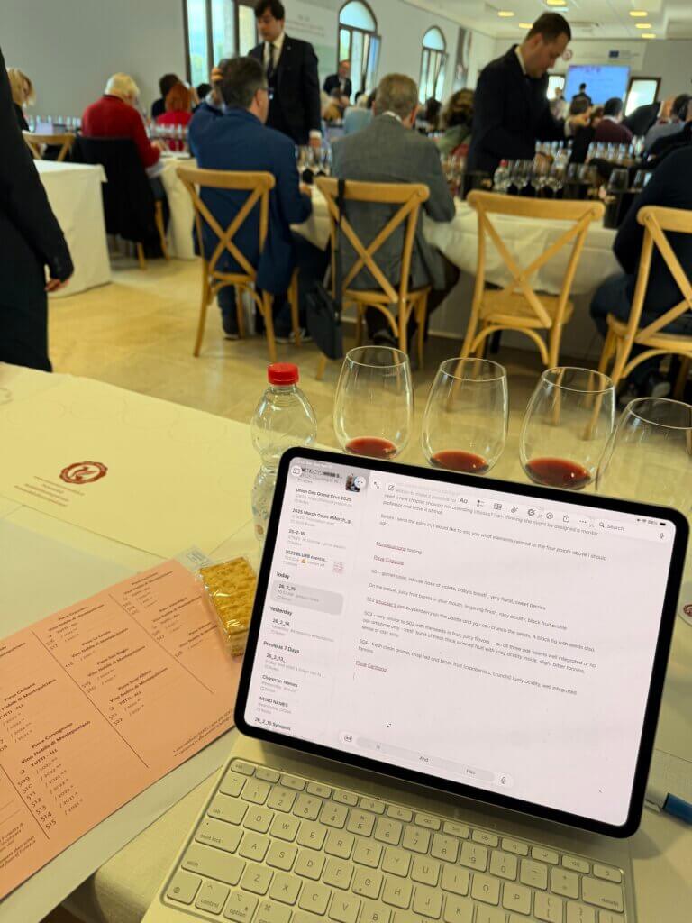 Taking notes at the Pieve tasting.